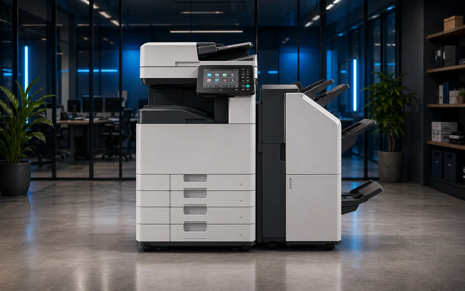 Large production copier with finishing unit